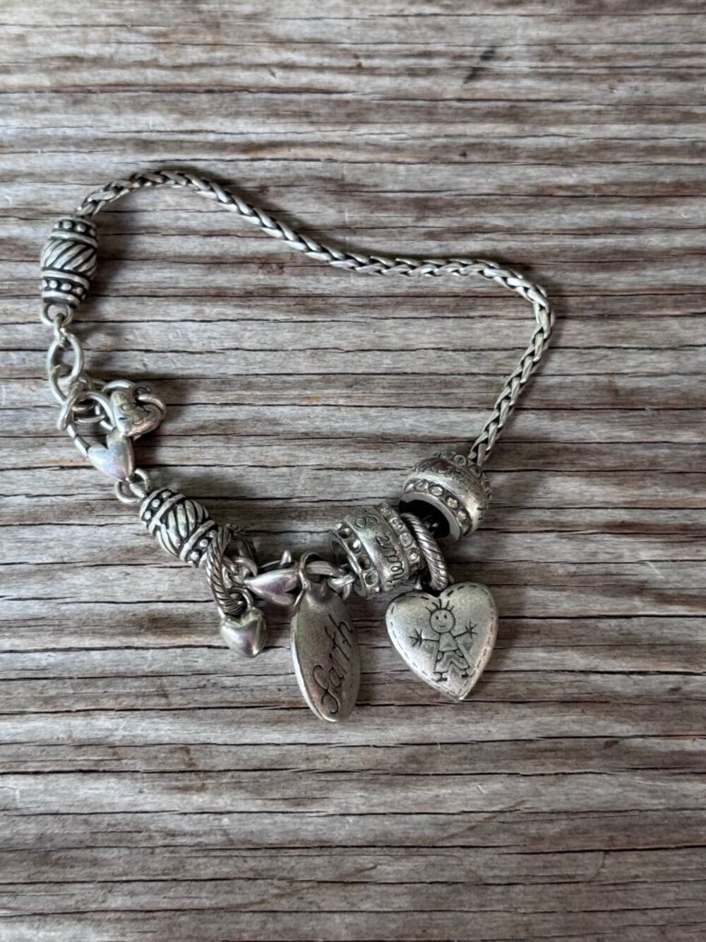 Brighton Style Charm Bracelet Faith Heart Beads Silver Tone European Chain